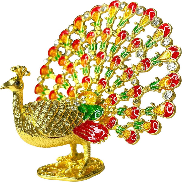 Peacock Trinket Box Figurine Jewelry Gold Plated Crystal Hand Painted Metal Craft (Red)