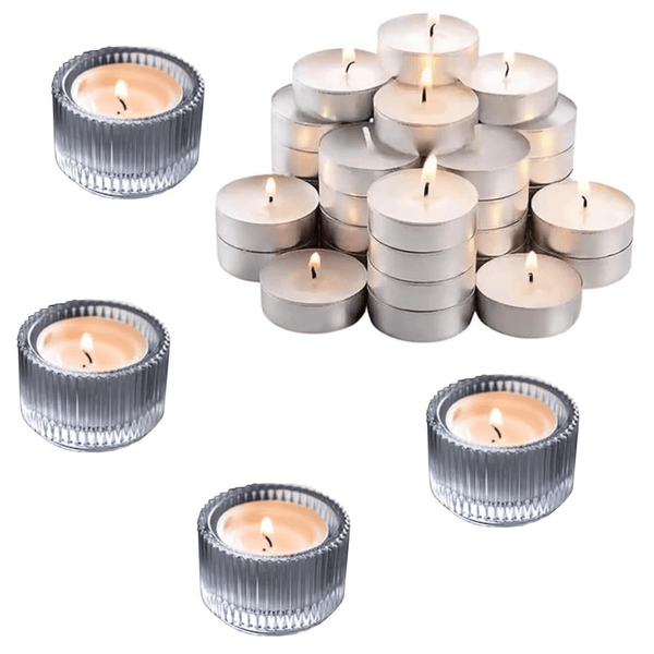 LUKADAH Tealight Candle Set - 4 Glass Holders & 50 Long-Burning Tealights