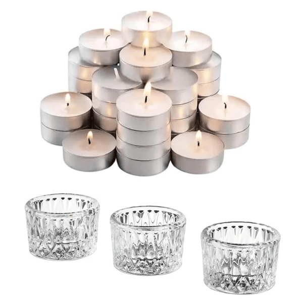 LUKADAH Crystal Glass Candle Holders & Tealights - 3 Holders & 50 Candles