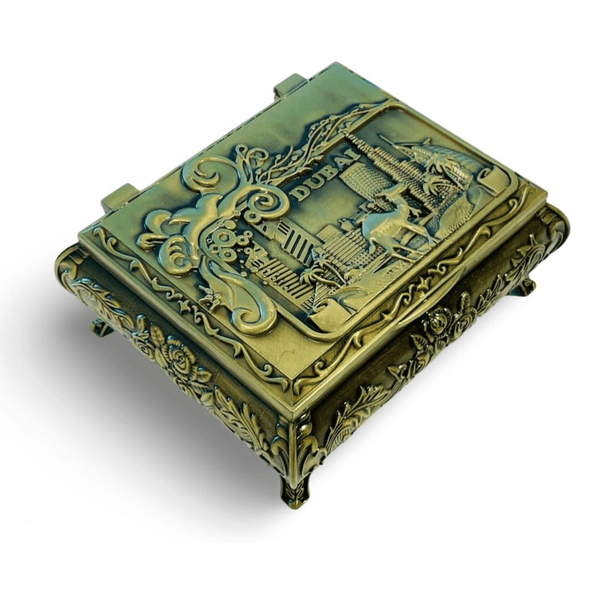 Dubai City Carved Souvenir Treasure Box - Gold Vintage Jewelry Storage and Home Decor