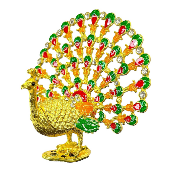 Peacock Trinket Box Figurine Jewelry Gold Plated Crystal Enameled Hand Painted Metal Craft (Green)