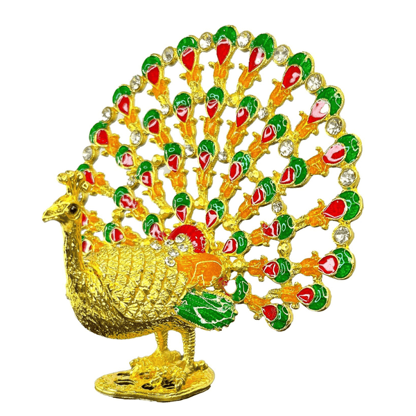 Peacock Trinket Box Figurine Jewelry Gold Plated Crystal Hand Painted Metal Craft (Red)