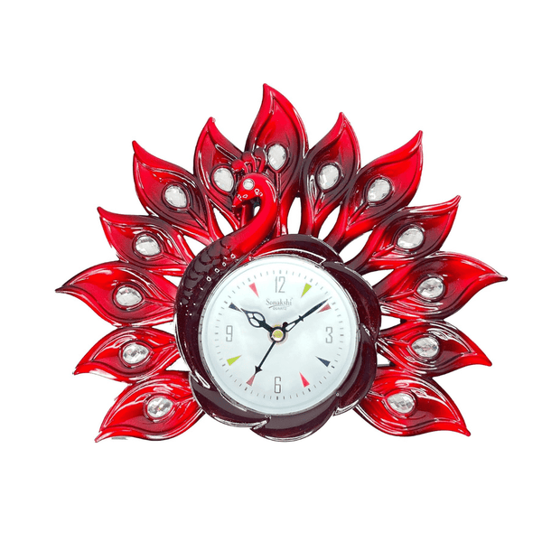 Peacock Clock Luxury Decoration & Pen Holder, for office, Bedroom, Festival Gift (Red)