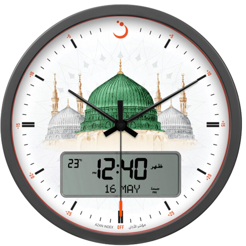 Large Round Wall Ana-Digi Automatic Azan Clock Gray/white